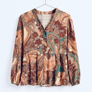 Brown Long Sleeve Peplum Blouse with Mandarin Collar